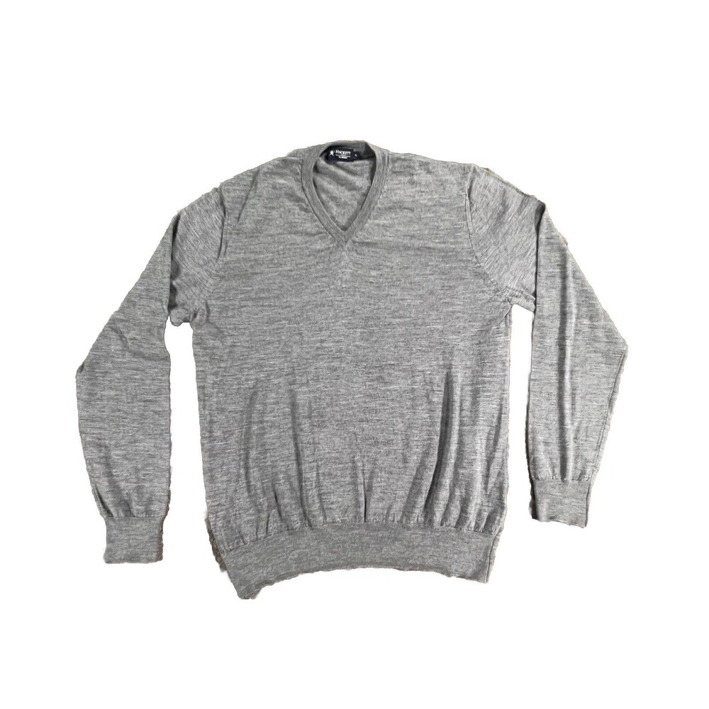 Hackett London Men’s Gray 100% Merino Wool V-Neck Fine Knit Jumper Sweater XL